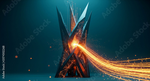 Sharp geometric dark monument with a vibrant orange energy stream, representing digital innovation, data flow, and technological power, perfect for AI branding, cyber security, and future tech