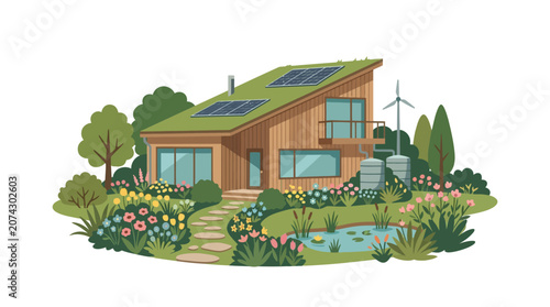 Eco-friendly house with solar panels, green roof, pond, and garden