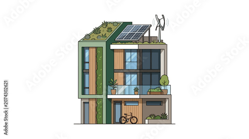 Eco-friendly house with solar panels, wind turbine, and green roof