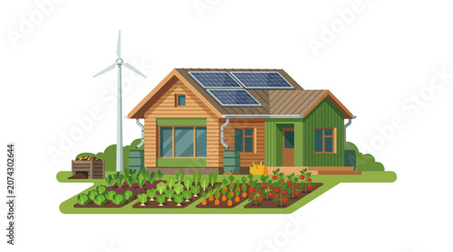 Eco-friendly house with solar panels, wind turbine, and organic garden