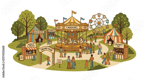 Grand Fairground Carousel and Ferris Wheel with People Enjoying Rides and Stalls