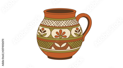 Hand-painted ceramic jug with floral motifs, rustic design