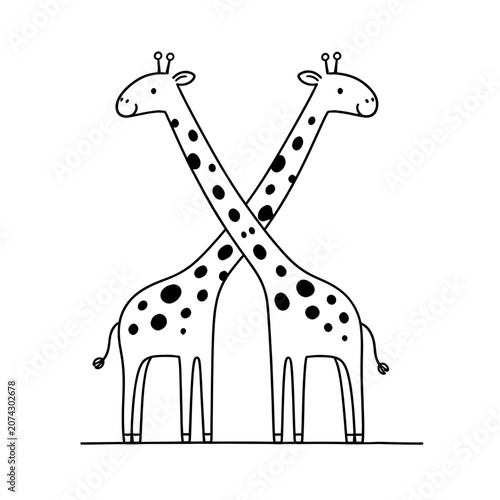 Photography Cute black-and-white line illustration of two spotted giraffes standing side by side with their long necks crossed in a playful, symmetrical pose