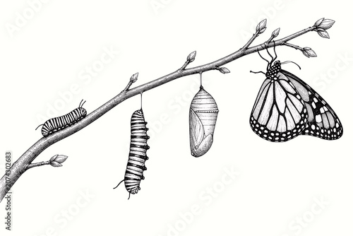 Bilde på lerret Detailed black-and-white illustration showing the complete metamorphosis of a monarch butterfly, from striped caterpillar to chrysalis and newly emerged adult on a budding branch