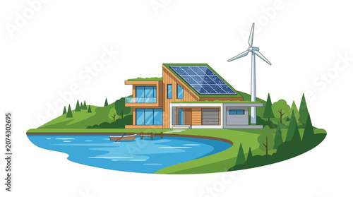 Eco-friendly modern house with solar panels and wind turbine, green living
