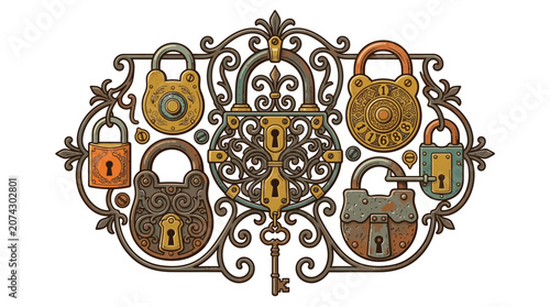 Vintage Padlocks and Ornate Scrollwork with Skeleton Key