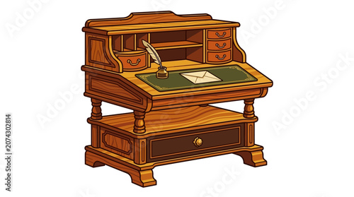 Vintage Wooden Writing Desk with Quill Pen, Inkwell, and Envelope