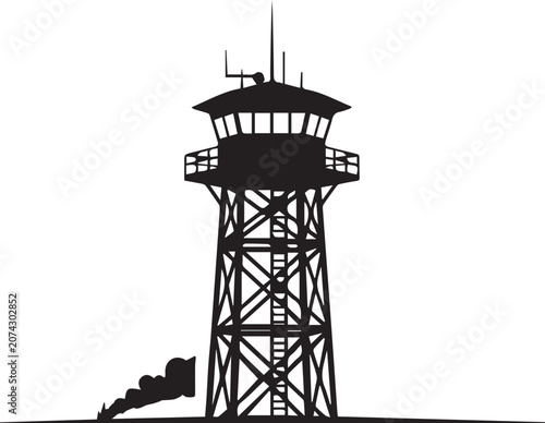 Vector silhouette of a tall metal watchtower with stairs and railings isolated on transparent background
