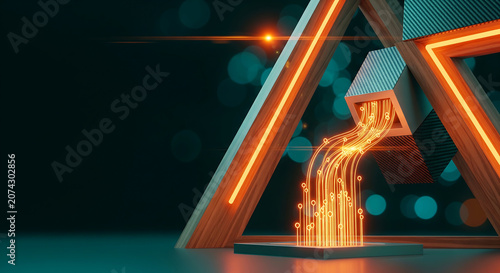 Dynamic geometric glowing 'A' structure with vibrant orange data streams flowing, symbolizing innovation, digital transformation, and future technology, perfect for AI branding, network solutions,