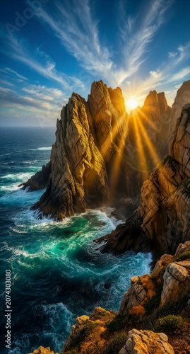 Golden Hour Sunlight Over Dramatic Coastal Cliffs at Sunset