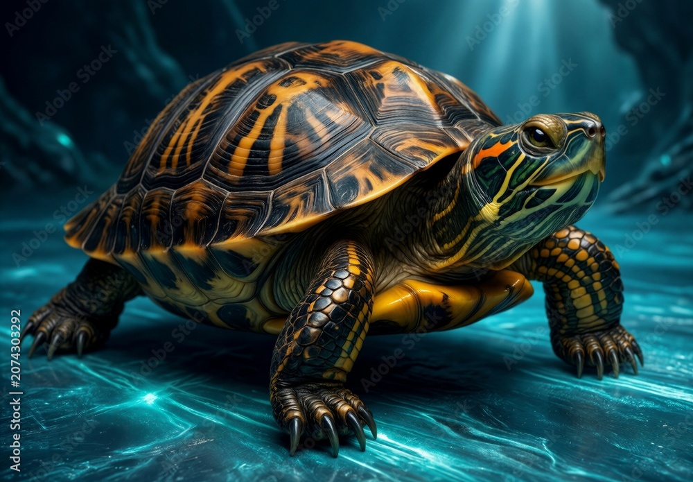 Fototapeta premium Majestic Sea Turtle Portrait Underwater Bioluminescent Blue Ocean Scene