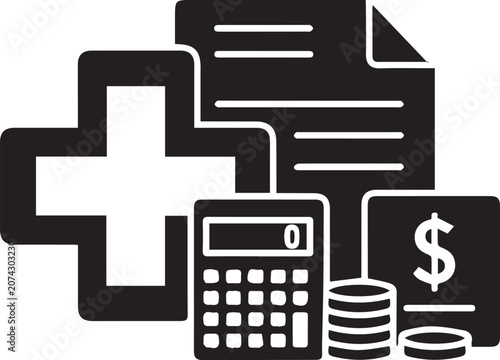 Vector illustration of medical finance icons including a cross, calculator, coins, and dollar bill on transparent background