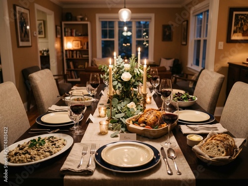 A beautifully roasted golden chicken sits at the center of a rustic wooden dining table surrounded by flickering candles red wine glasses and delicious side dishes in a cozy home.
