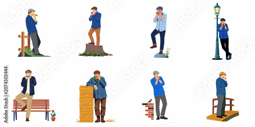 Collection of illustrations featuring a man in rural attire playing the harmonica in various outdoor countryside settings.