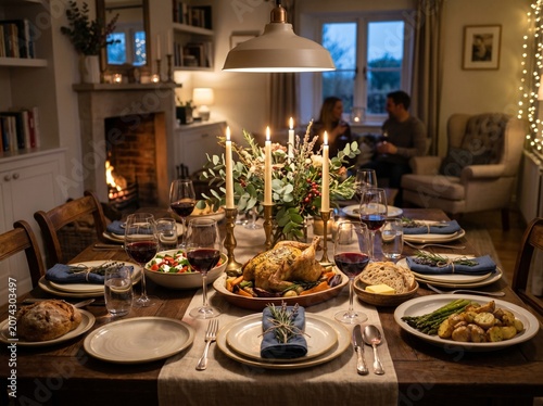 A beautifully roasted golden chicken sits at the center of a rustic wooden dining table surrounded by flickering candles red wine glasses and delicious side dishes in a cozy home.