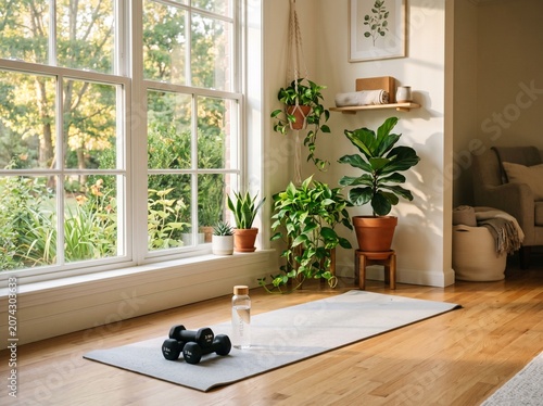 Gray exercise yoga mat with black dumbbells and a clear glass water bottle resting on polished wooden flooring inside a sunlit room filled with lush green potted indoor plants