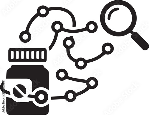 Black vector icon of a pill bottle with a broken chain and magnifying glass on transparent background