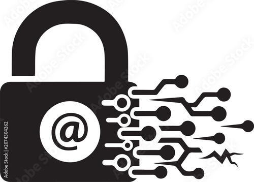 Black padlock with email symbol and circuit board design breaking through, isolated on transparent background