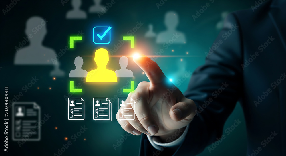 Fototapeta premium Abstract digital human resource selection interface with glowing icons and a hand pointing at a selected candidate, concept for recruitment, talent acquisition, and employee screening