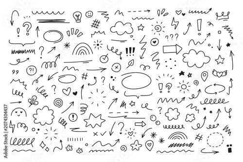Hand drawn doodle elements collection. Sketch arrows, stars, hearts, highlights and decorative scribble lines set. For notes, planners, presentations and creative design projects.