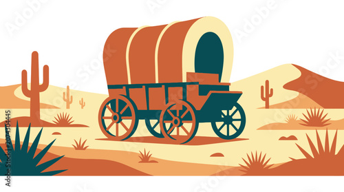 Obraz na płótnie A vintage covered wagon travels through a dry desert landscape