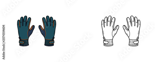 Foto Cartoon wetsuit neoprene protective gloves illustrations in dark blue, orange an