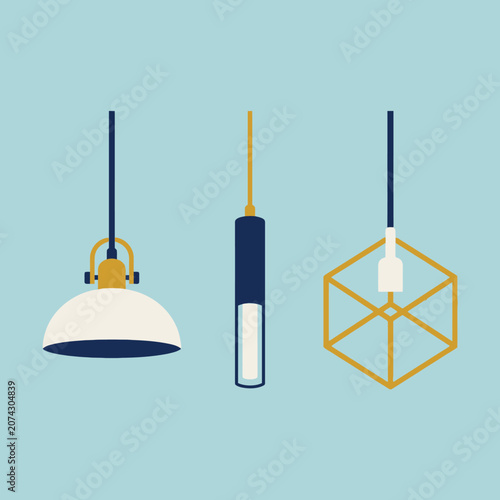Cuadro en lienzo Three modern pendant light fixtures hang on a blue background