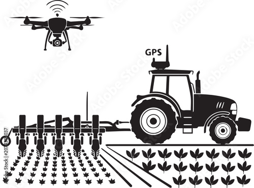 Vector illustration of a tractor with GPS and a drone flying above, planting seeds in a field