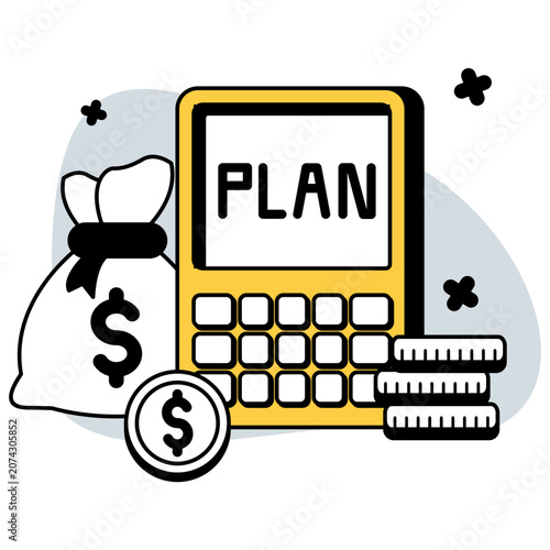 Monochrome budget planning illustration with calculator money bag and coins for expense management