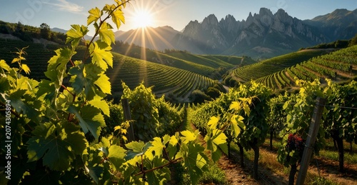 Golden Hour Vineyard Sunset Over Dramatic Mountain Landscape Wine Harvest