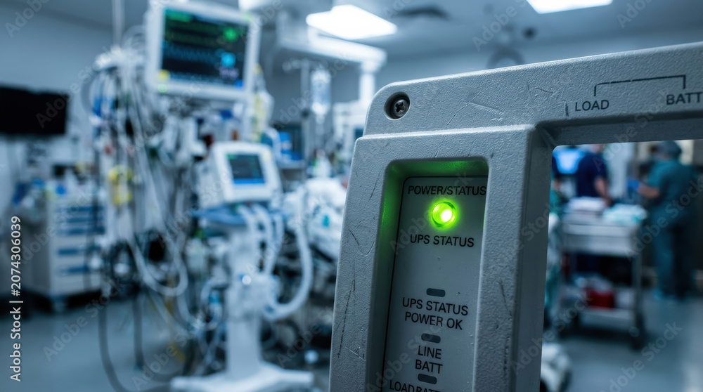 Fototapeta premium Green indicator light power status medical equipment hospital device control panel glowing power status light medical equipment control panel hospital room with blurred monitor and clinical device