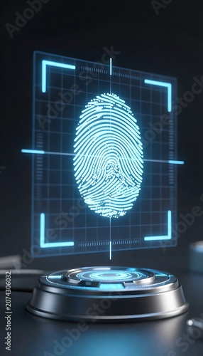 Biometric security fingerprint scanner interface with glowing blue holographic projection display.