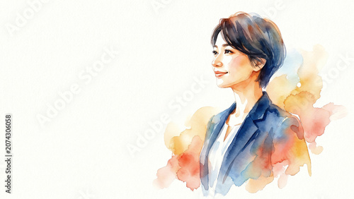 Vibrant Watercolor Japanese Businesswoman Profile Portrait Smiling Suit Warm Brushstrokes Perfect for Editorial Brochure Banner
