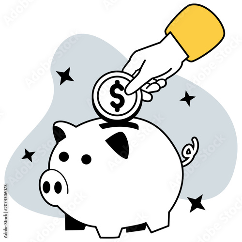 Monochrome money saving illustration with hand placing coin into piggy bank for personal financial planning
