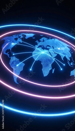 Global satellite communication network with glowing lines connecting world locations in orbit