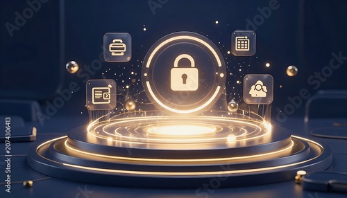 Futuristic fintech security platform with glowing digital padlock and financial data icons