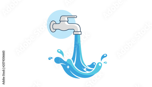 Metal water tap with fresh clean water flowing down and splashing in a bright blue vector illustration.