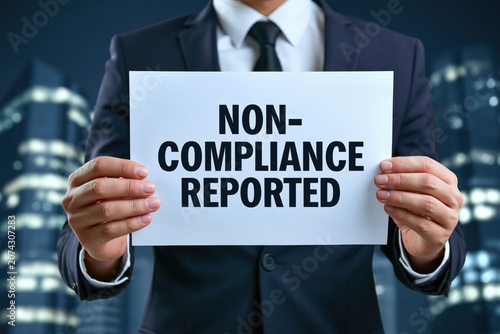 Businessman holding a white paper with non compliance reported text