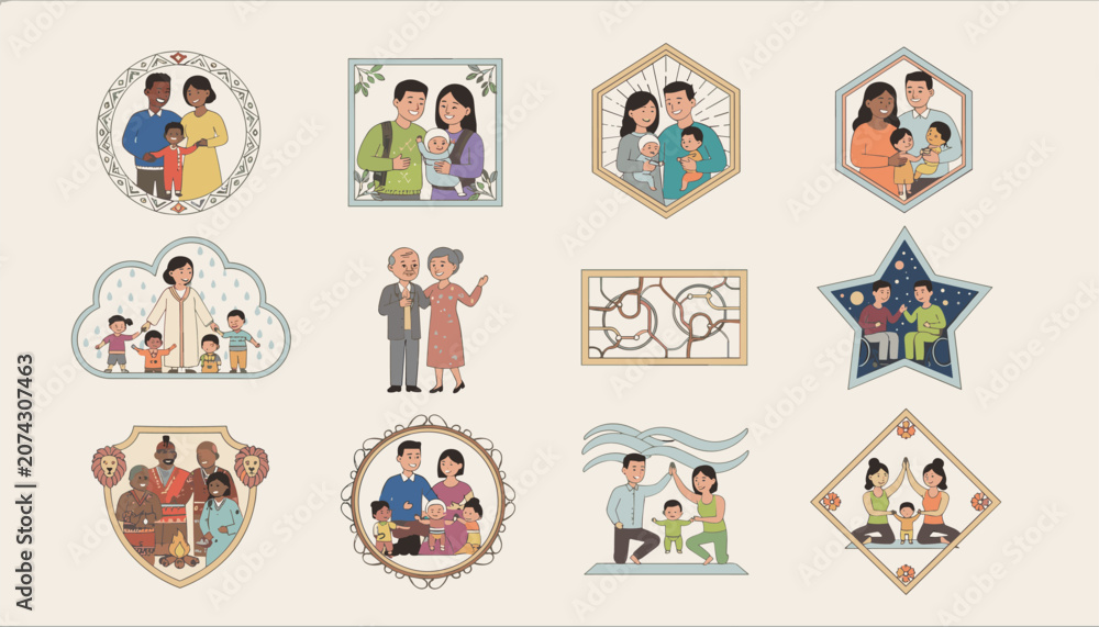Fototapeta premium Set of diverse family portraits depicted inside various geometric and decorative frames on a light background.