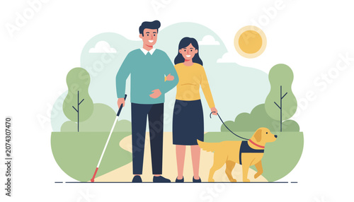 Blind man walking with a cane beside a caring woman leading a trained golden retriever guide dog in a sunny park.