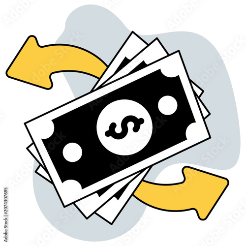 Monochrome cash flow illustration with banknotes and circulation arrows representing business finance