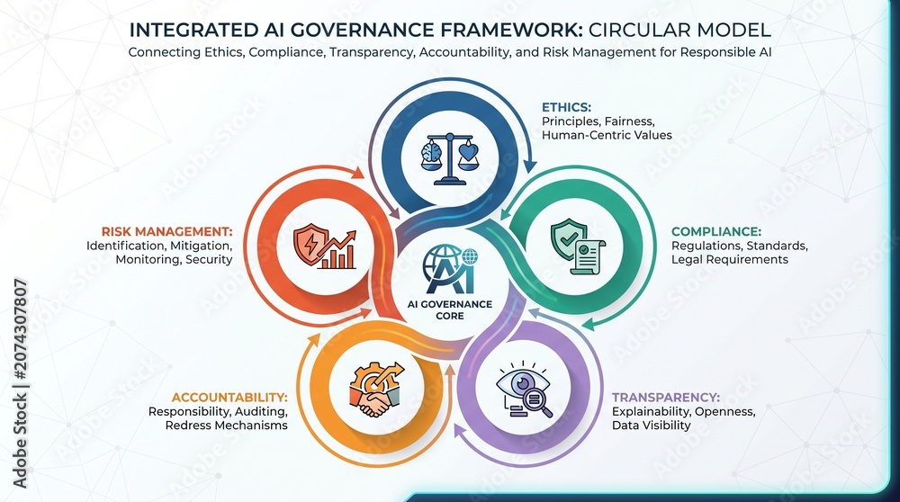 Naklejka premium Integrated AI Governance Framework Model.