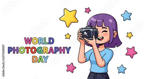 Illustration of a happy young woman taking a picture for world photography day