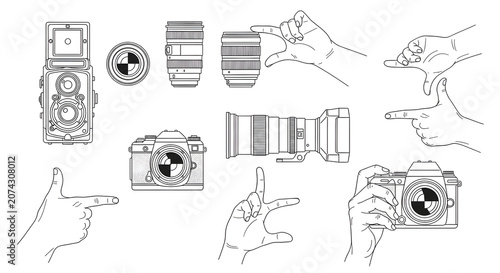 Set of technical camera sketches and hands holding equipment for photography