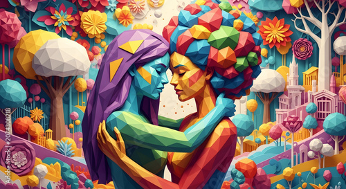 Abstract colorful artistic illustration of two people embracing in nature