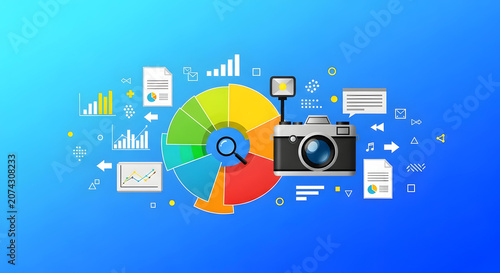 Digital business analytics concept featuring camera and data charts, analytics