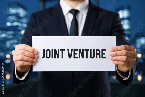 Corporate businessman holding a white paper with joint venture text