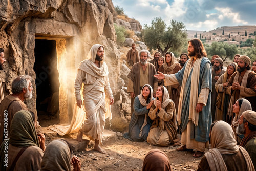 Jesus Christ raising Lazarus from the dead at a rocky tomb with a crowd of witnesses