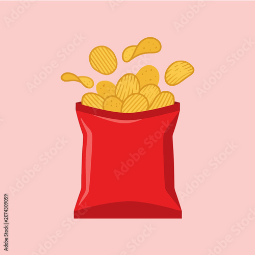 Tableau sur toile Crispy potato chips flying out of a red snack bag