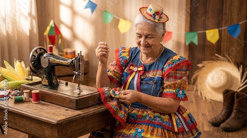 Senior woman sewing traditional Festa Junina dress at a vintage machine